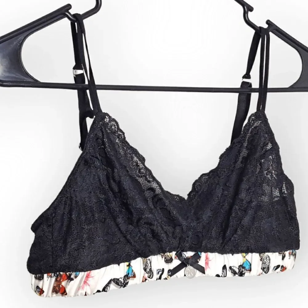 Christian Lacroix Caviar Black Lace Accent Wireless Bralette with Butterflies si